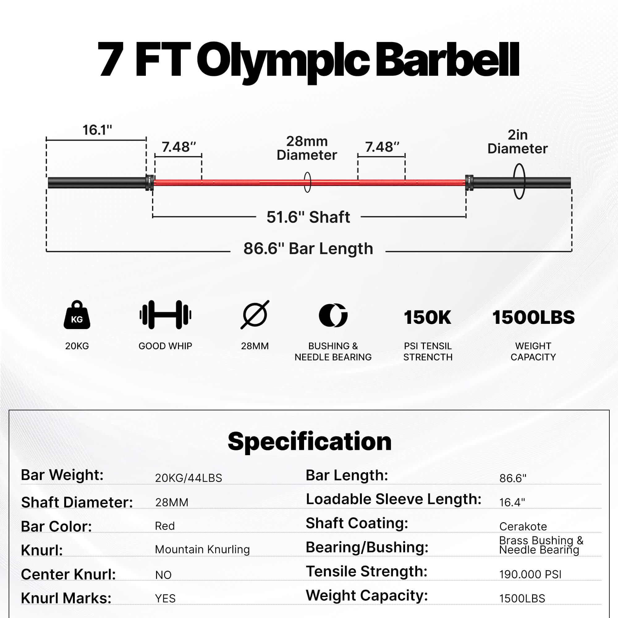 7 FT Olympic Barbell with detailed specifications on a white background.#color_red