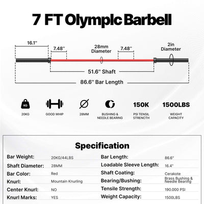 7 FT Olympic Barbell with detailed specifications on a white background.#color_red