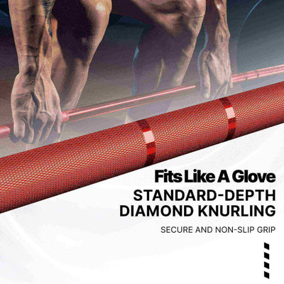 Red barbell with diamond knurling and text about grip quality.#color_red