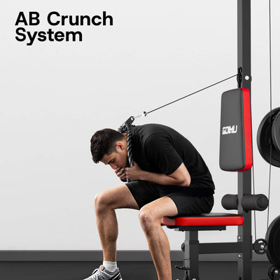 Person using an ab crunch system in a gym setting.