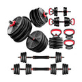 Set of adjustable dumbbells and gym equipment on a white background