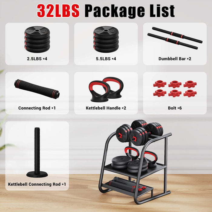 Package list of gym equipment including weights, bars, and stands on a wooden floor.