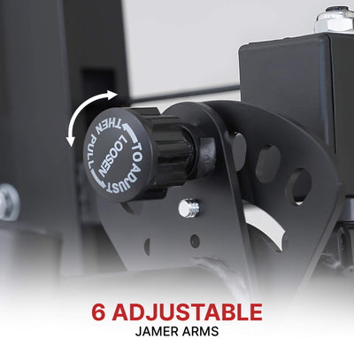 Close-up of a mechanical device with adjustable jammer arms and text indicating '6 Adjustable Jammer Arms'.