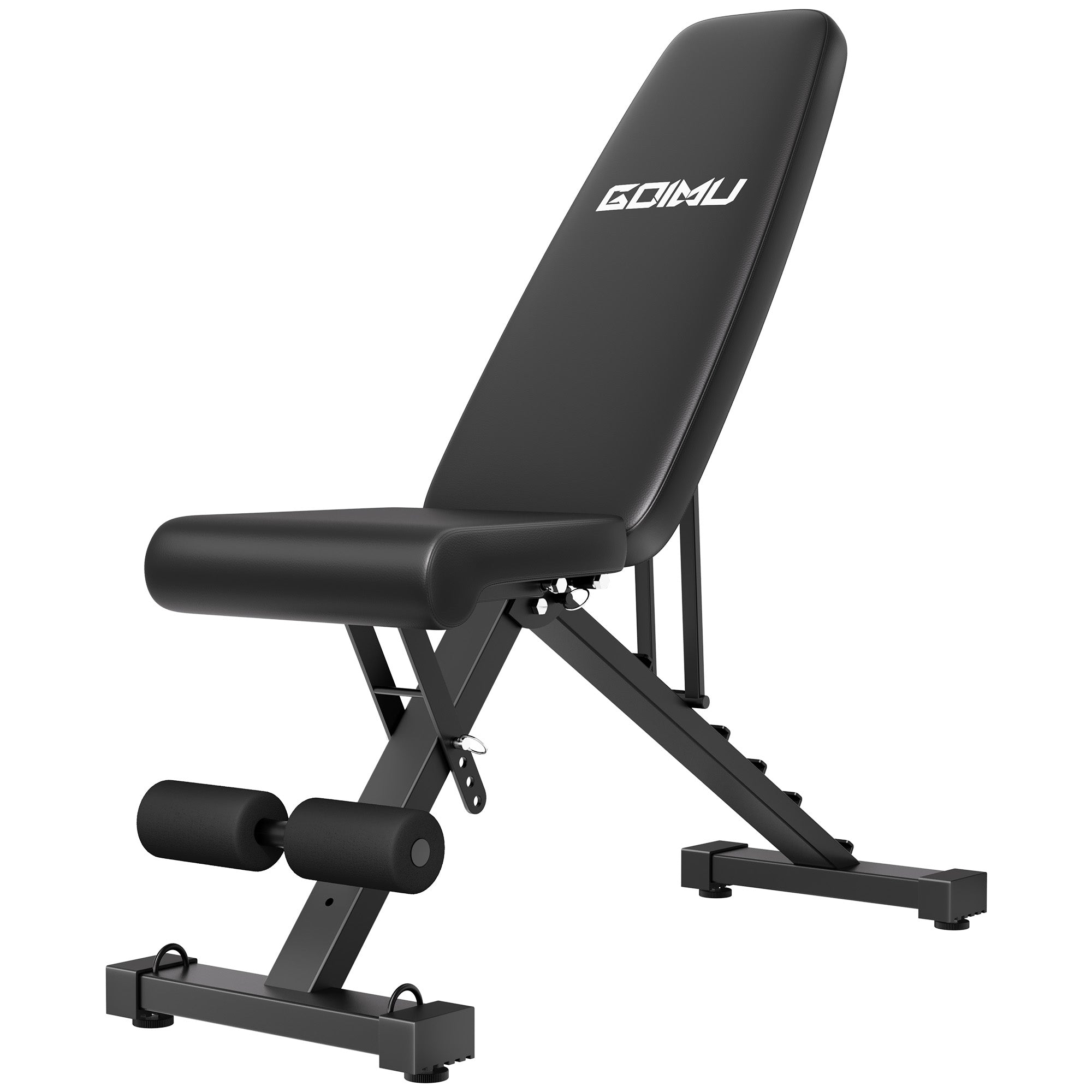 Black adjustable weight bench with 'GOIMU' branding on a white background