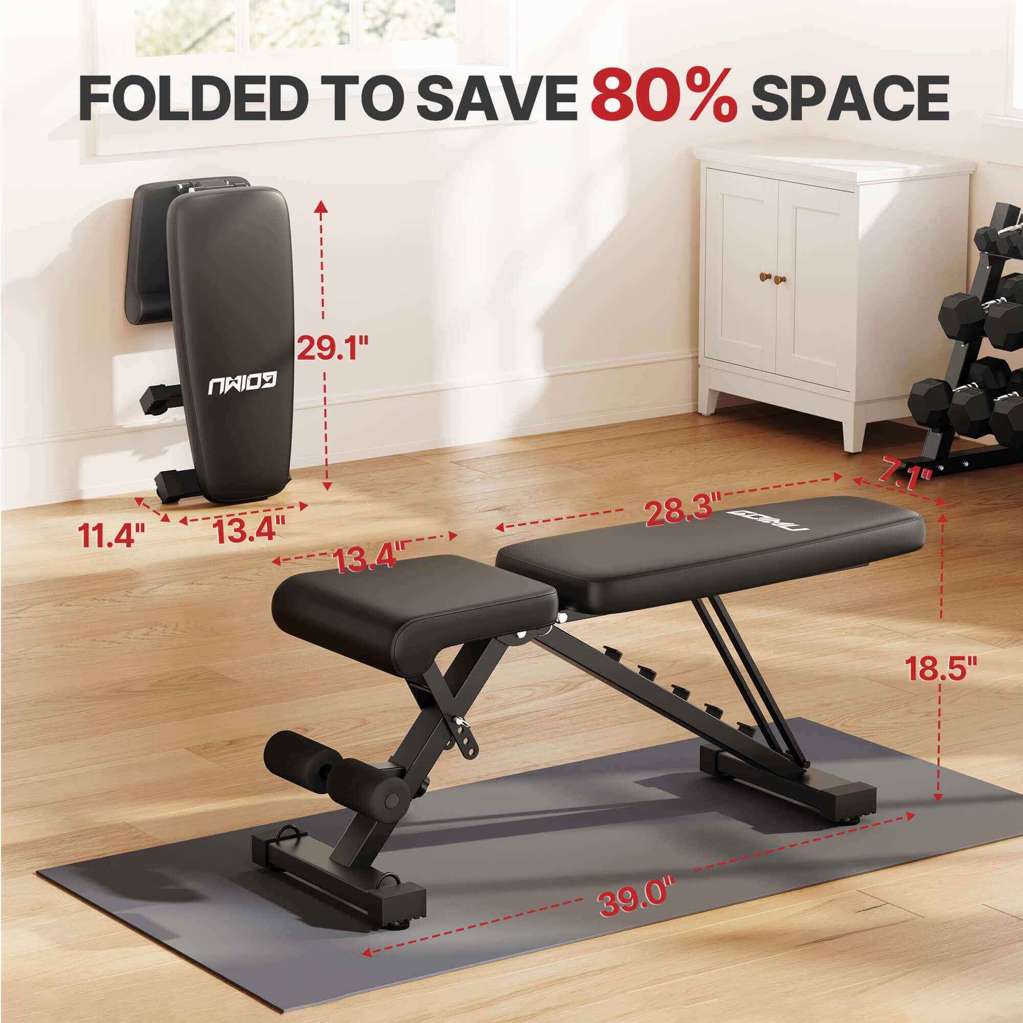 Foldable weight bench with dimensions displayed on a wooden floor.