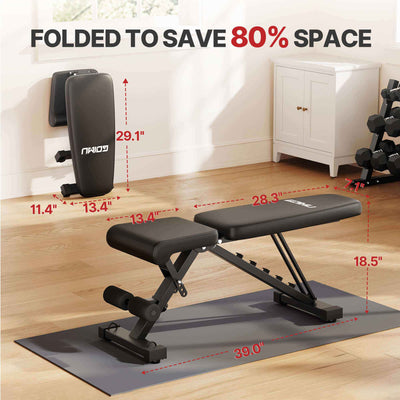 Foldable weight bench with dimensions displayed on a wooden floor.