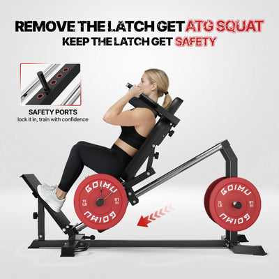 Woman using a weight machine with red weights, featuring safety instructions on a white background.#color_black