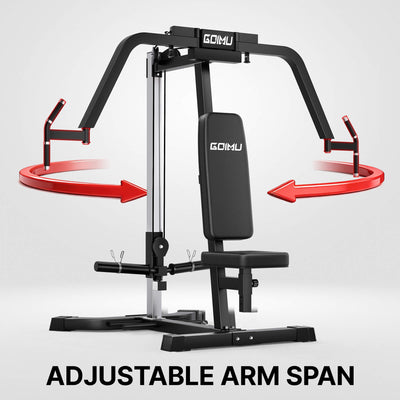 Gym machine with adjustable arm span feature on a white background.