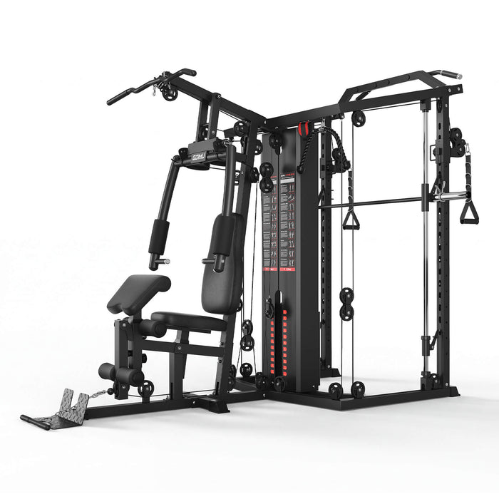 Black gym machine with various attachments on a white background