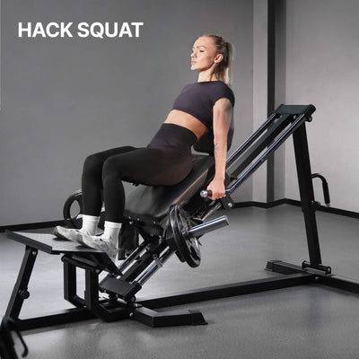 Woman performing a hack squat on a gym machine with 'Hack Squat' text above.