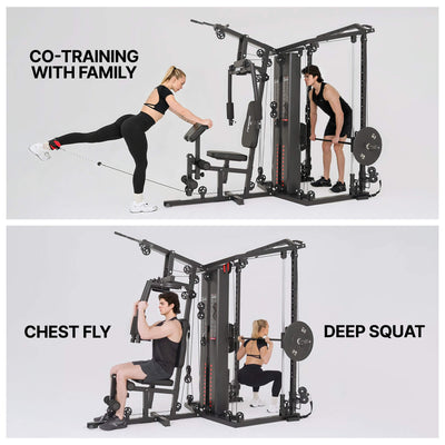 Gym equipment with people performing exercises like chest fly and deep squat, labeled 'Co-Training with Family' and 'Chest Fly, Deep Squat'.