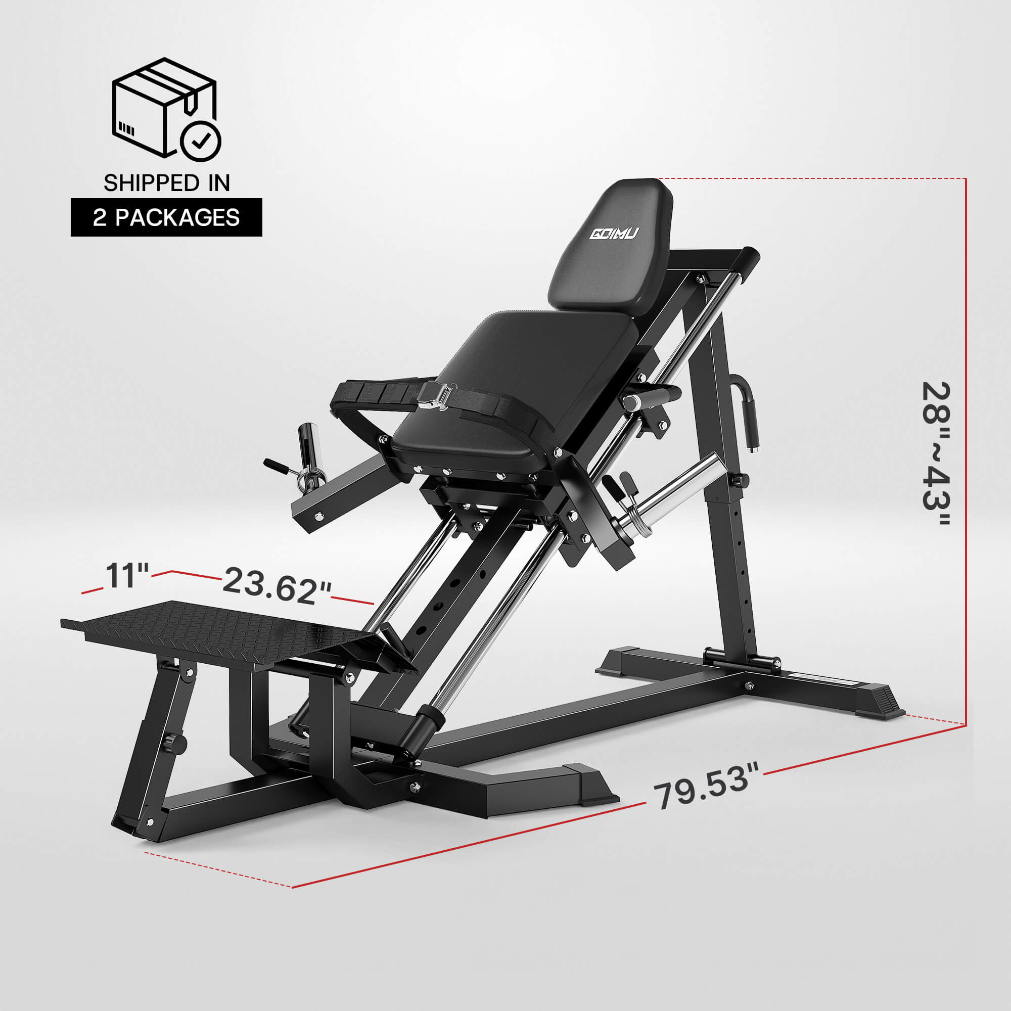 Black gym machine with dimensions on a white background