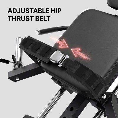 Adjustable hip thrust belt on a weight bench with arrows indicating movement.