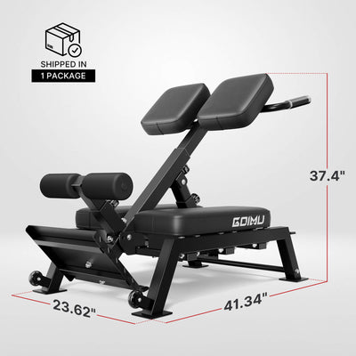 Gym bench with dimensions and 'Shipped in 1 Package' label on a light gray background.