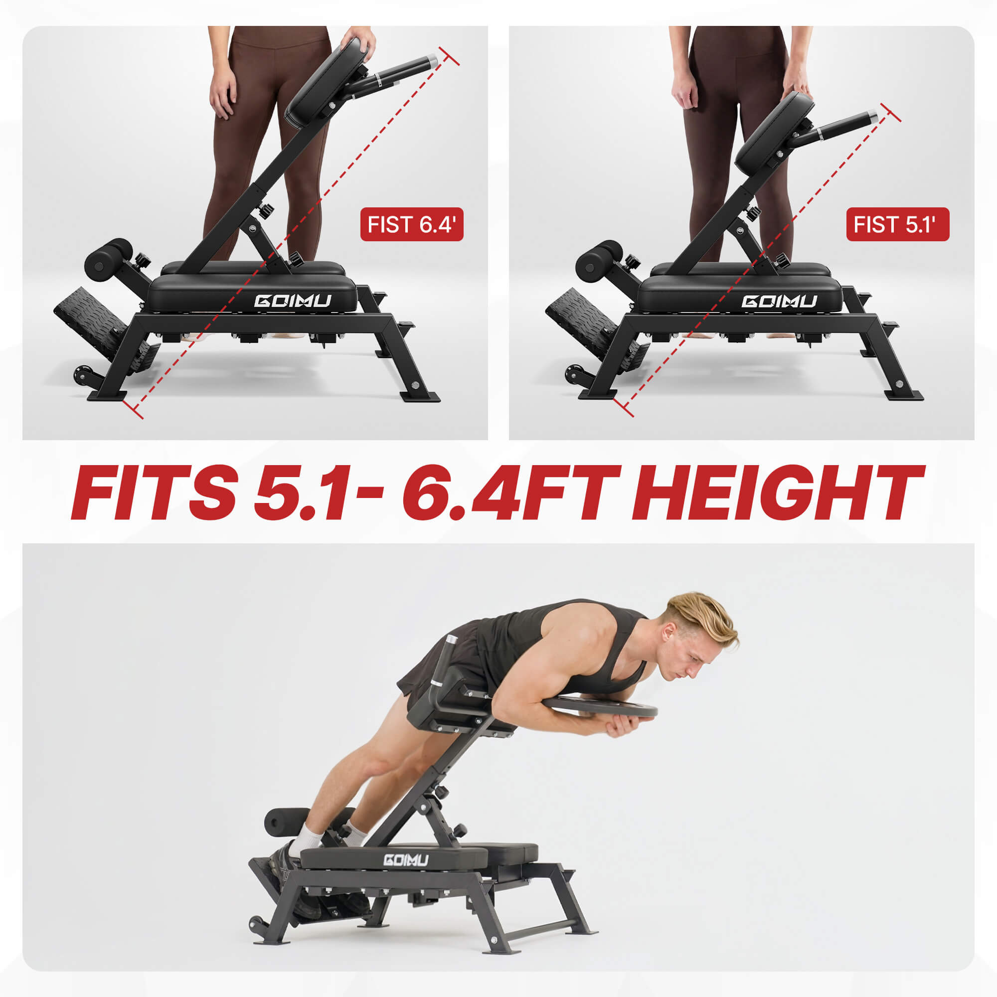 Fitness equipment with height measurement details and a person using it.