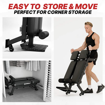 Gym machine with text 'Easy to store & move, perfect for corner storage' on a white background.