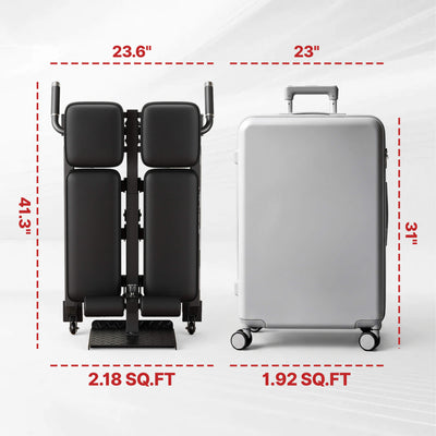 Silver suitcase and black exercise machine with dimensions and surface area measurements on a white background.