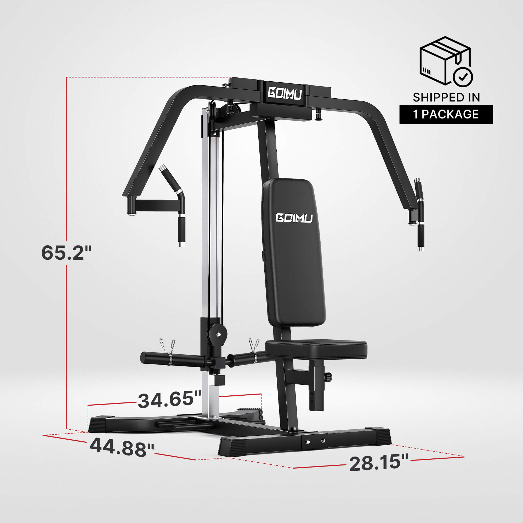 GOMU fitness equipment with dimensions on a white background.#color_black