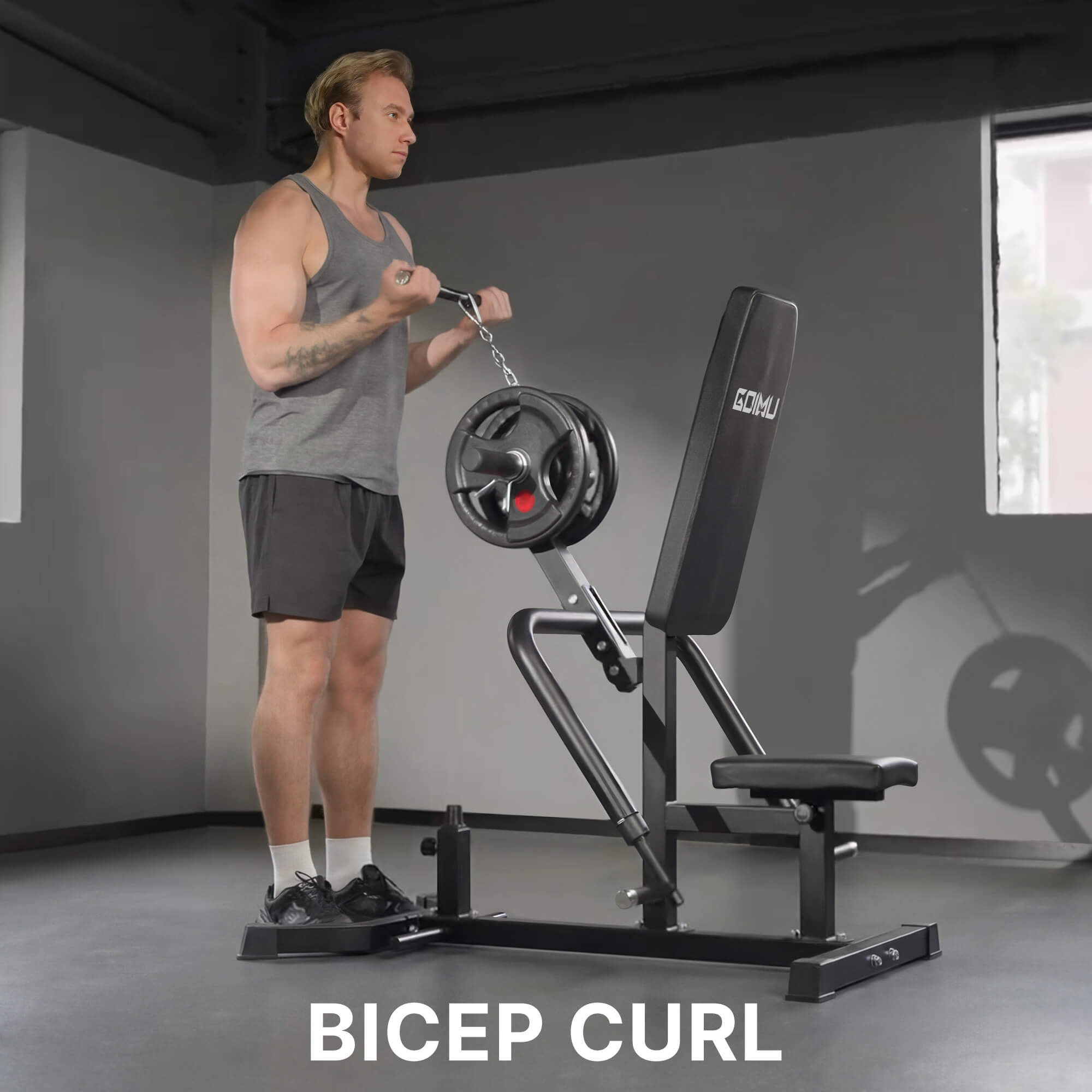 Man performing bicep curls with a weight machine in a gym setting.