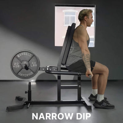 Person performing a narrow dip exercise with gym equipment in a gym setting.