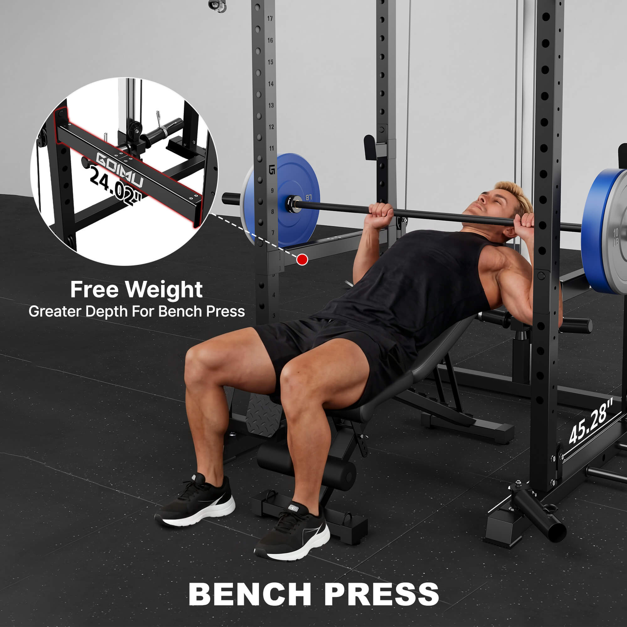 Person performing bench press with a close-up of the weight plate and text indicating free weight use.