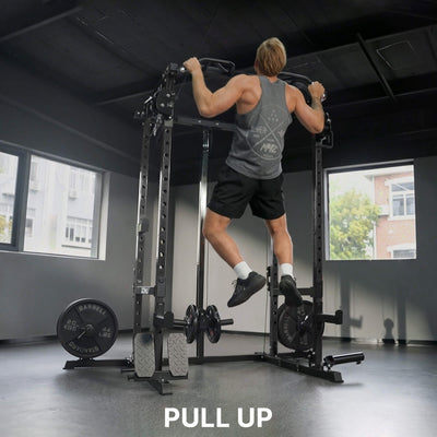 Person performing pull-ups on a pull-up bar in a gym setting.