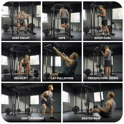 Grid of a man performing various gym exercises with a barbell.