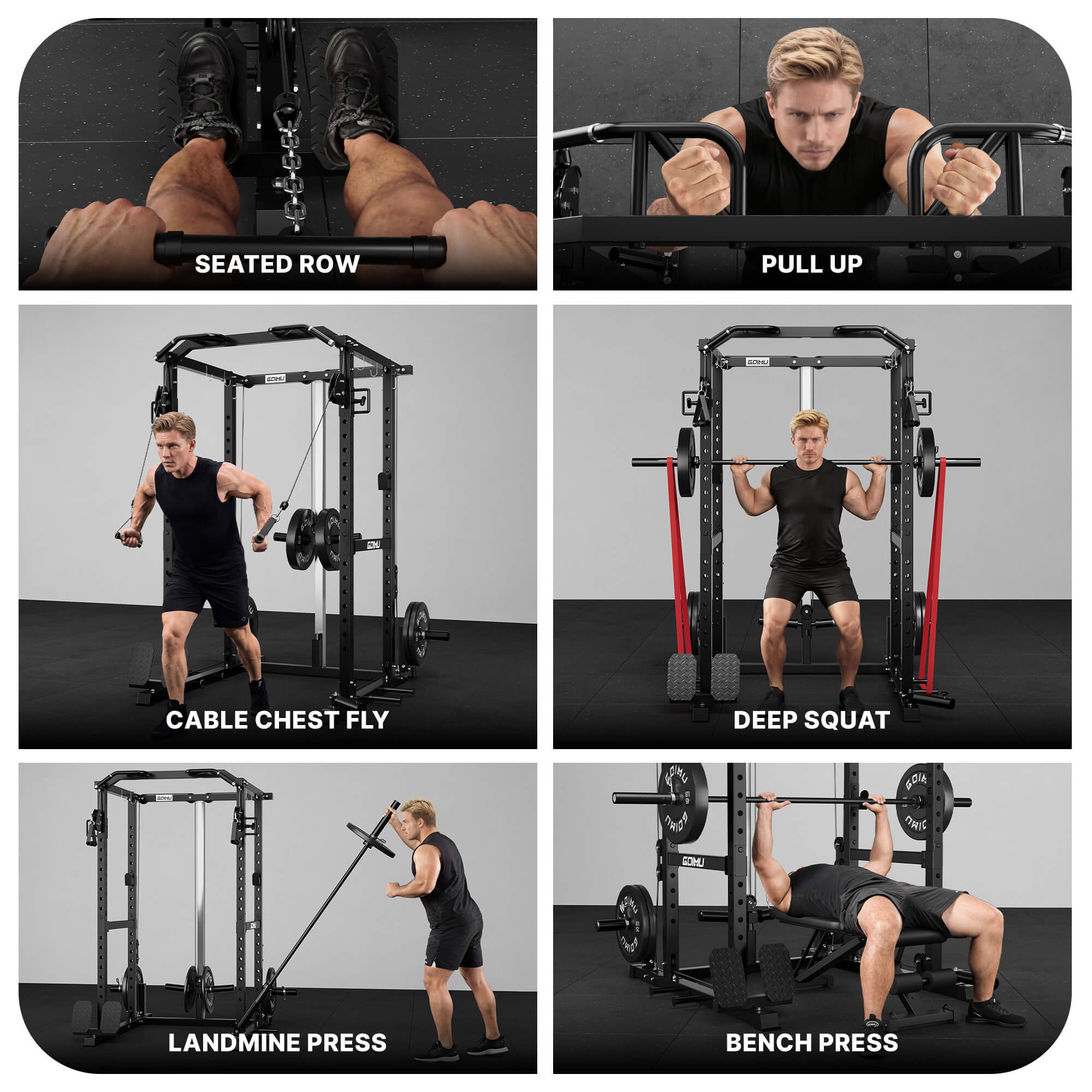 Man performing various exercises using a gym machine with labeled movements.