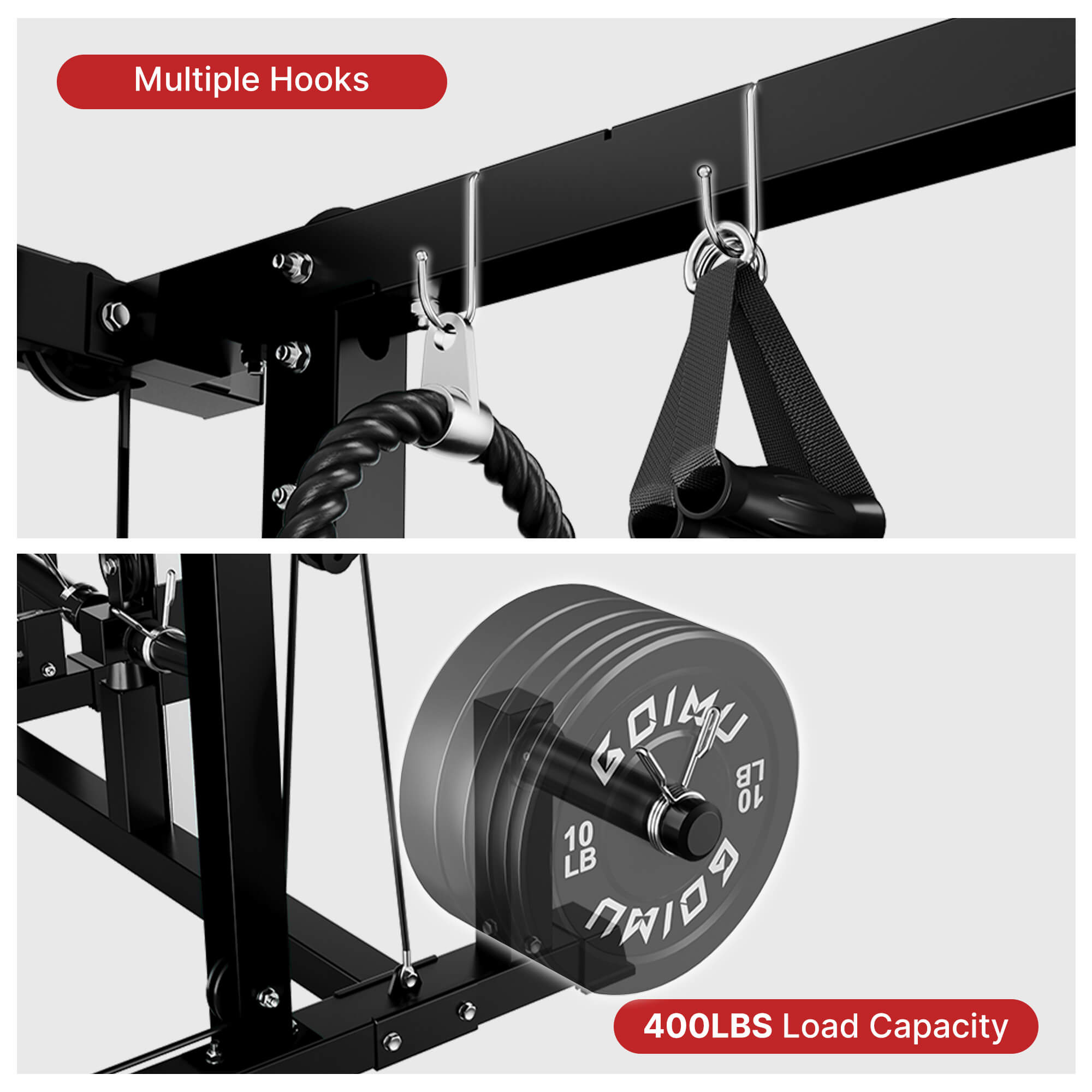 Fitness equipment with multiple hooks and a weight plate, featuring 'Gym' branding.