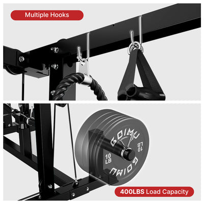 Fitness equipment with multiple hooks and a weight plate, featuring 'Gym' branding.