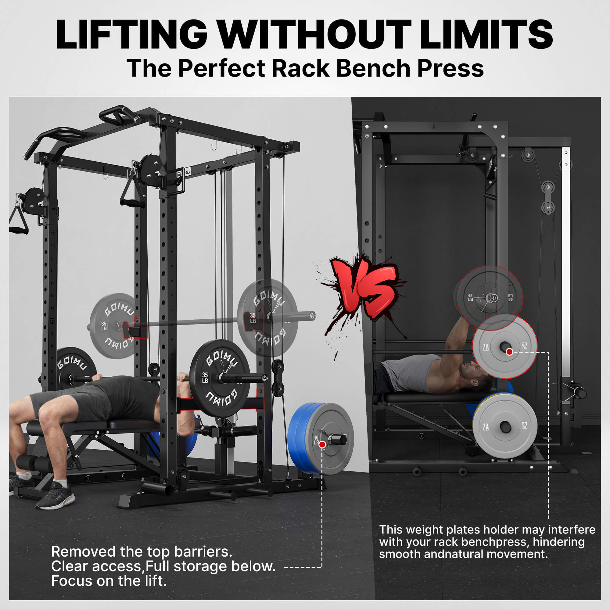 Gym equipment with weight plates and a comparison of rack bench press setup.