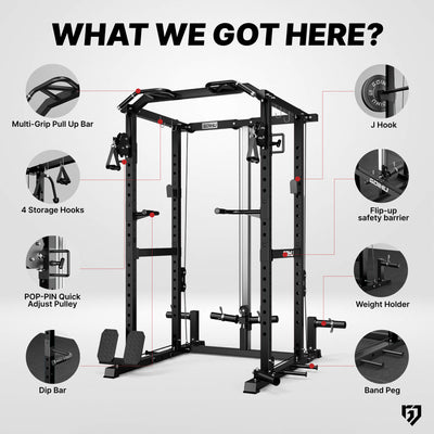 Power rack with labeled components on a white background.