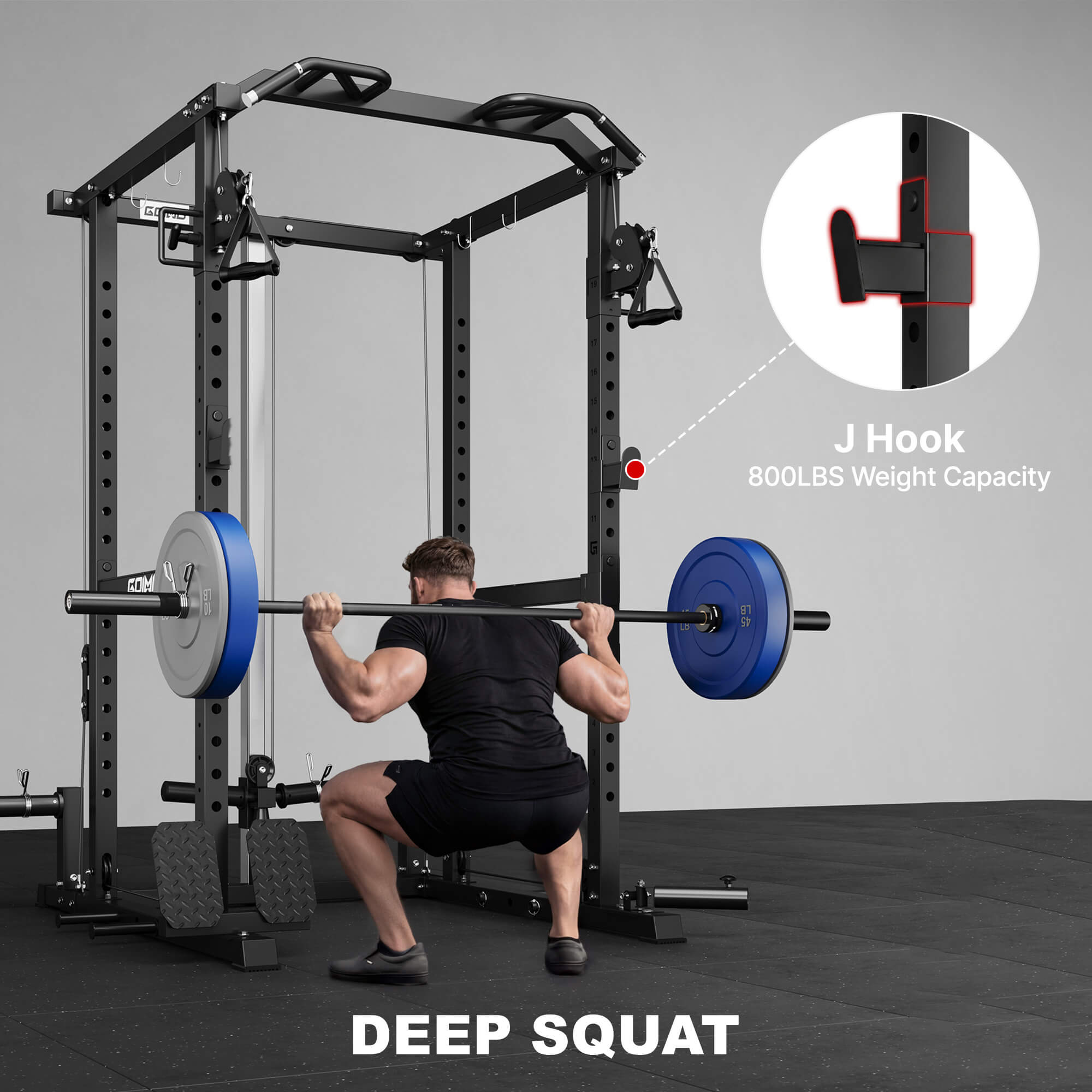 Person performing a deep squat with a barbell on a weightlifting rack, highlighting the J hook and weight capacity.