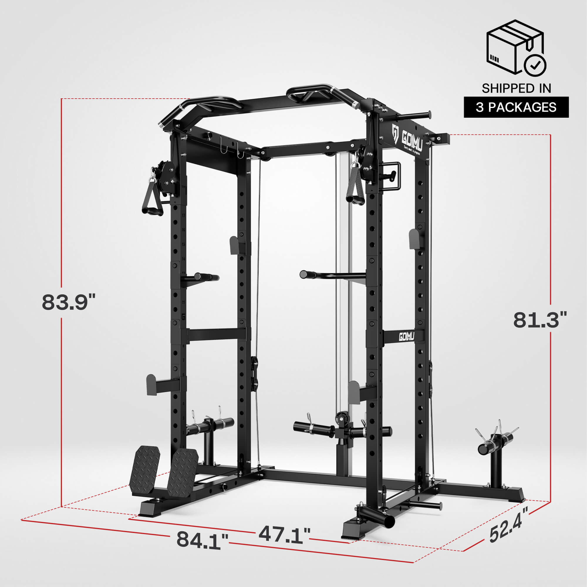 Black power rack with dimensions on a white background.#color_black