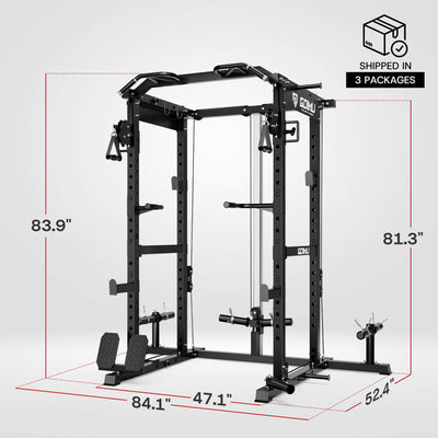 Black power rack with dimensions on a white background.