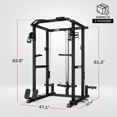 Black power rack with dimensions labeled on a white background.