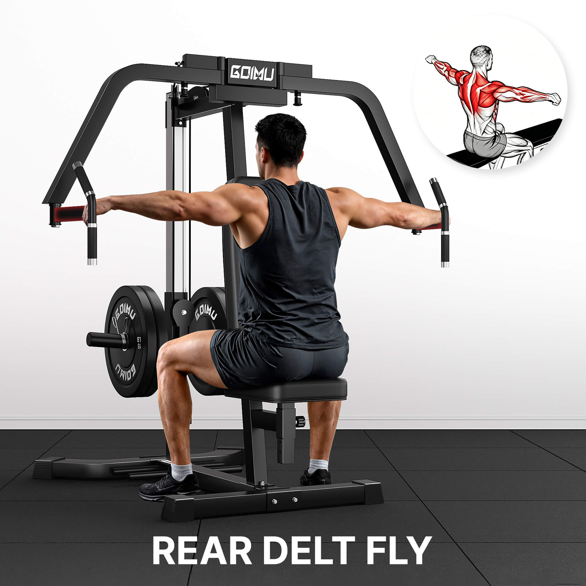 Person using a gym machine for rear delt fly exercise with 'GOMU' branding.