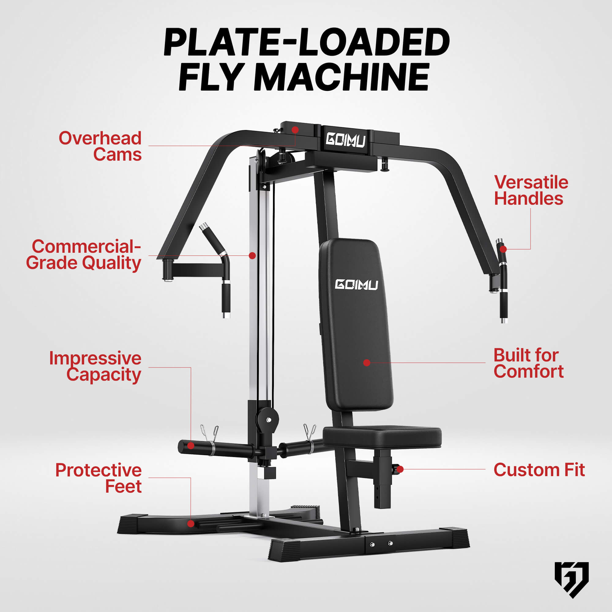 Gym machine with features highlighted on a white background.#color_black