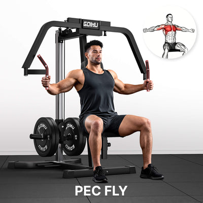 Man using a pec fly machine with an inset diagram showing muscle activation.