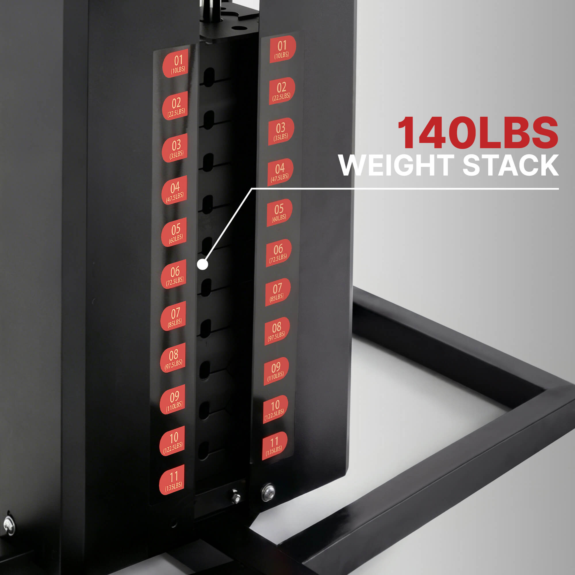 Weight stack with red weight plates on a gray background