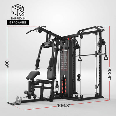 Gym equipment with dimensions and packaging information on a white background
