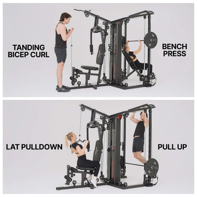 Multigym with users performing various exercises on a white background