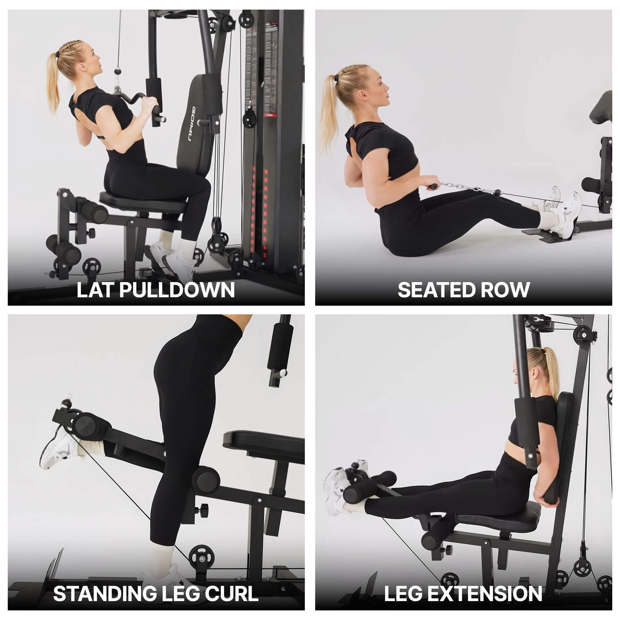 Woman performing various gym exercises on a fitness machine with labeled movements.