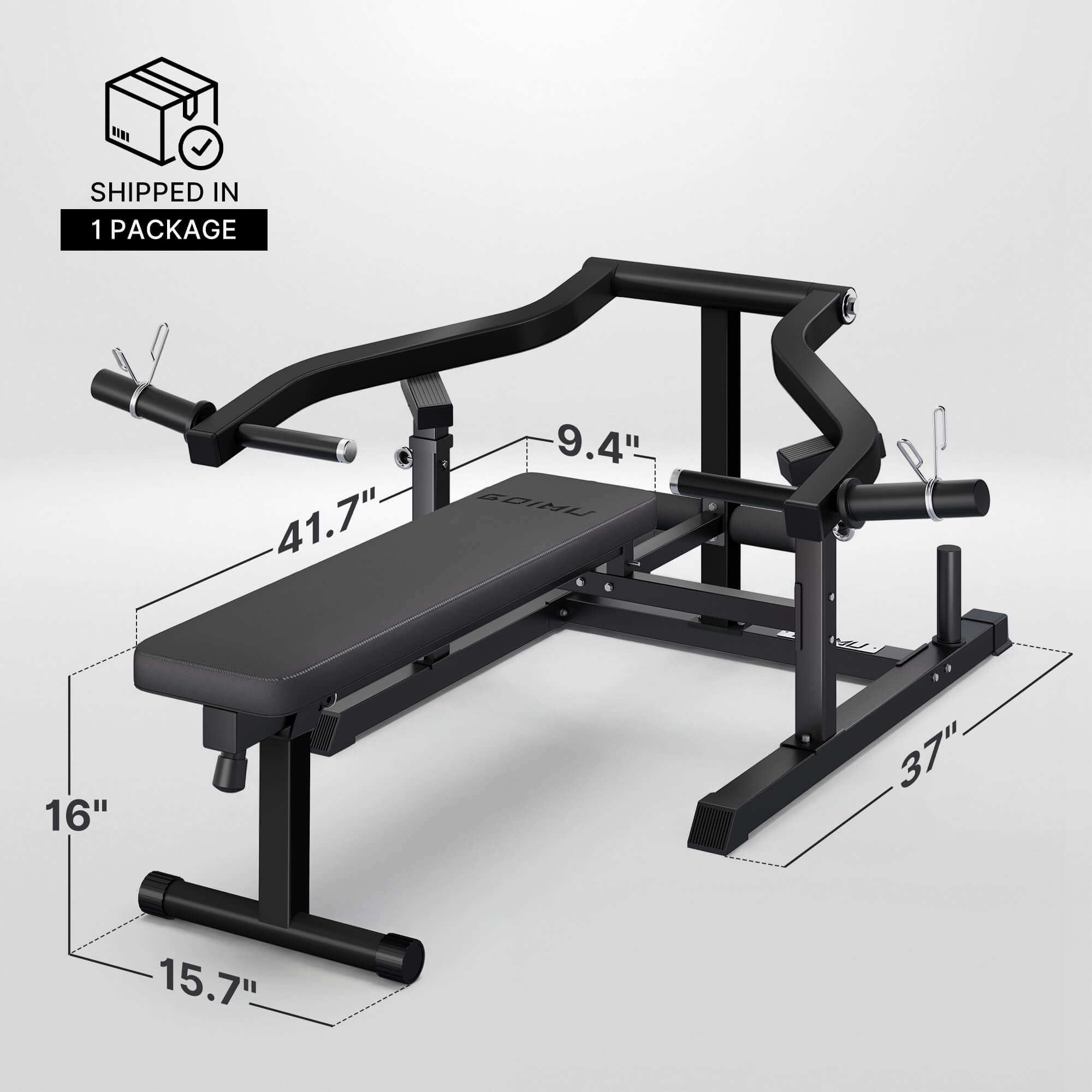 Black weight bench with dimensions on a light gray background.#color_black