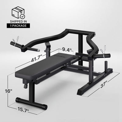 Black weight bench with dimensions on a light gray background.#color_black