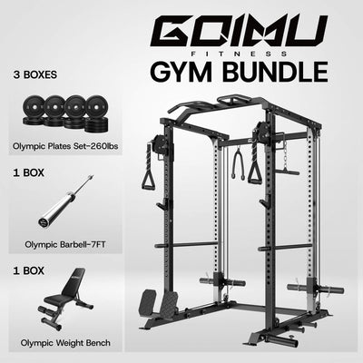 GIMU Fitness gym bundle with power rack, Olympic plates, barbell, and weight bench on a white background.