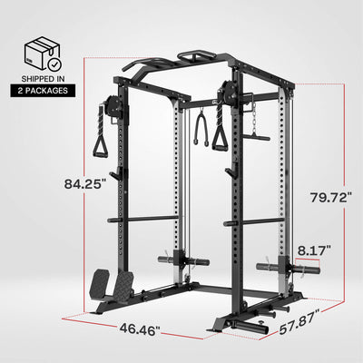 Black power rack with dimensions labeled on a gray background.
