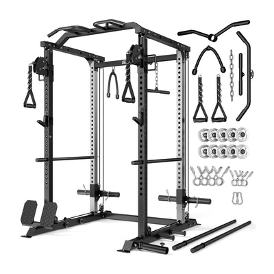 Black power rack with various attachments on a white background.