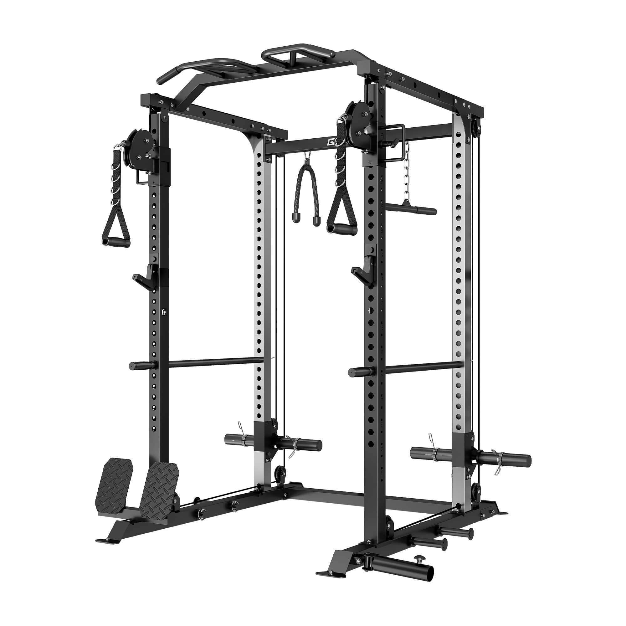 Black power rack with various attachments on a white background.#color_black