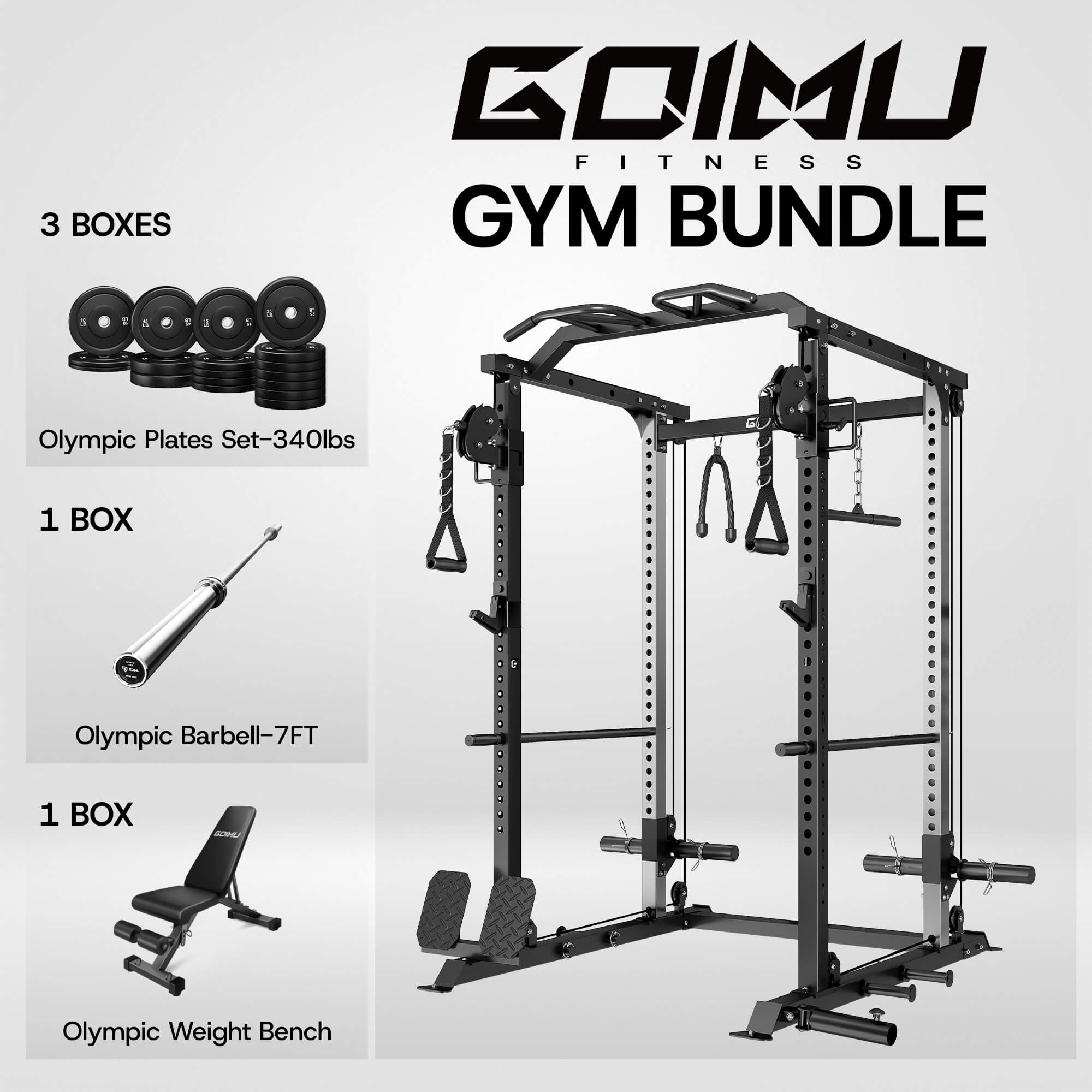 GIMU Fitness gym bundle with power rack, Olympic plates, barbell, and weight bench on a white background.